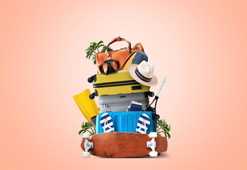  Vacation concept, suitcases and travel bags with hat and tourist accessories