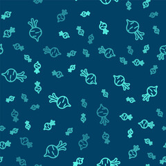 Green line Fresh beet with leaf icon isolated seamless pattern on blue background. Natural Root. Vegetable Ingredient for food. Vector