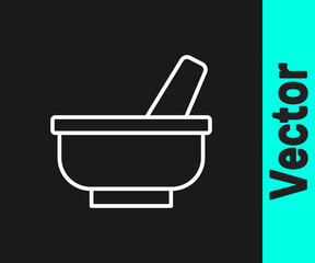 White line Mortar and pestle icon isolated on black background. Vector