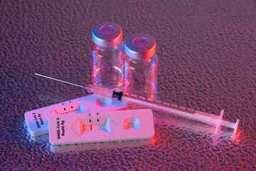 Antigen Schnelltest und eune Spritze zum Impfen COVID-19 (2019-nCoV - coronavirus / SARS-CoV-2...
