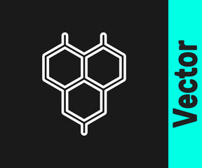 White line Chemical formula icon isolated on black background. Abstract hexagon for innovation medicine, health, research and science. Vector