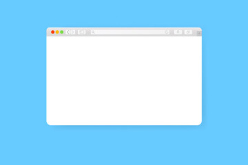 Modern web browser window design isolated on blue background. Web window screen mockup with shadow. Internet empty web landing page concept with search bar and buttons. Vector illustration