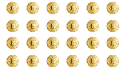 blockchain technology, bitcoin mining concept, group of bitcoin coins isolated on white background.