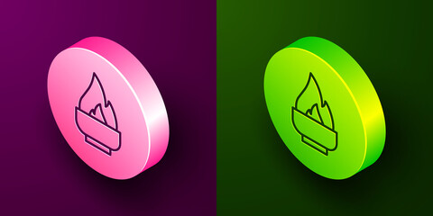 Fototapeta premium Isometric line Alcohol or spirit burner icon isolated on purple and green background. Chemical equipment. Circle button. Vector