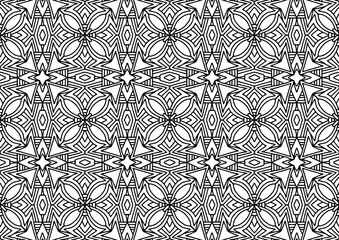 seamless tile with ornaments and flowers drawn in folk style on a white background for coloring, vector