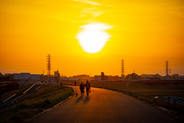 河川敷を照らす夕日