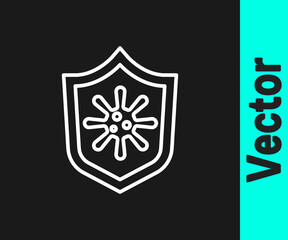 White line Shield protecting from virus, germs and bacteria icon isolated on black background. Immune system concept. Corona virus 2019-nCoV. Vector