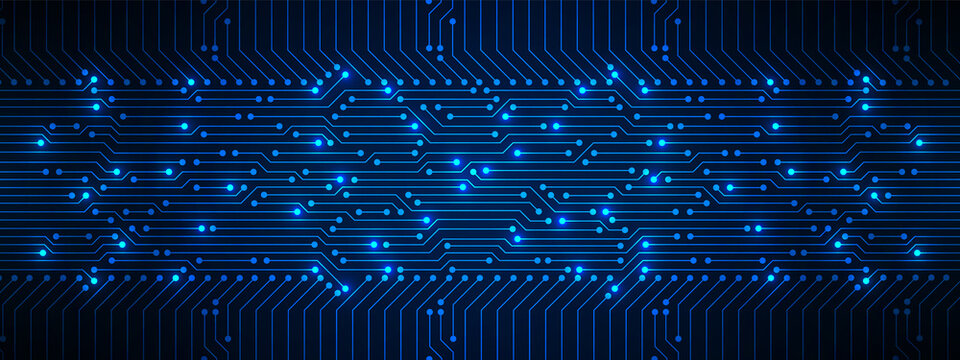 Abstract Technology Background, Blue Circuit Board Pattern With Electric Light, Microchip, Power Line