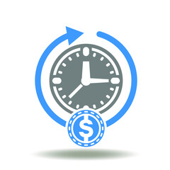 Clock with coin dollar and round arrow vector icon. Factoring symbol. Delay postponement pay illustration. Deferment of payment sign.