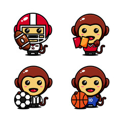 cute monkey character design set themed sport actor , football, basketball, rugby, judge