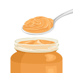 Peanut butter in glass jar and spoon isolated on white. Vector illustration in cartoon flat style.