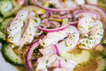 Traditional Mexican seafood. Aguachile, Mexican seafood food with copy space. Mexican seafood on wooden table. Traditional Mexican food concept.