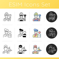 Social classification icons set. Blue collar worker. Intelligentsia, educated person. Writer, author. Working poor. Linear, black and RGB color styles. Isolated vector illustrations