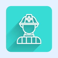 White line Firefighter icon isolated with long shadow. Green square button. Vector