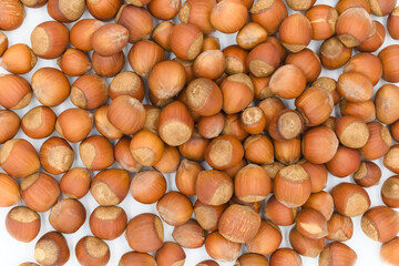Background of a handful of hazelnuts