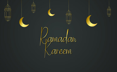 Ramadan Kareem greeting background islamic symbol crescent with arabic pattern - line calligraphy and lantern