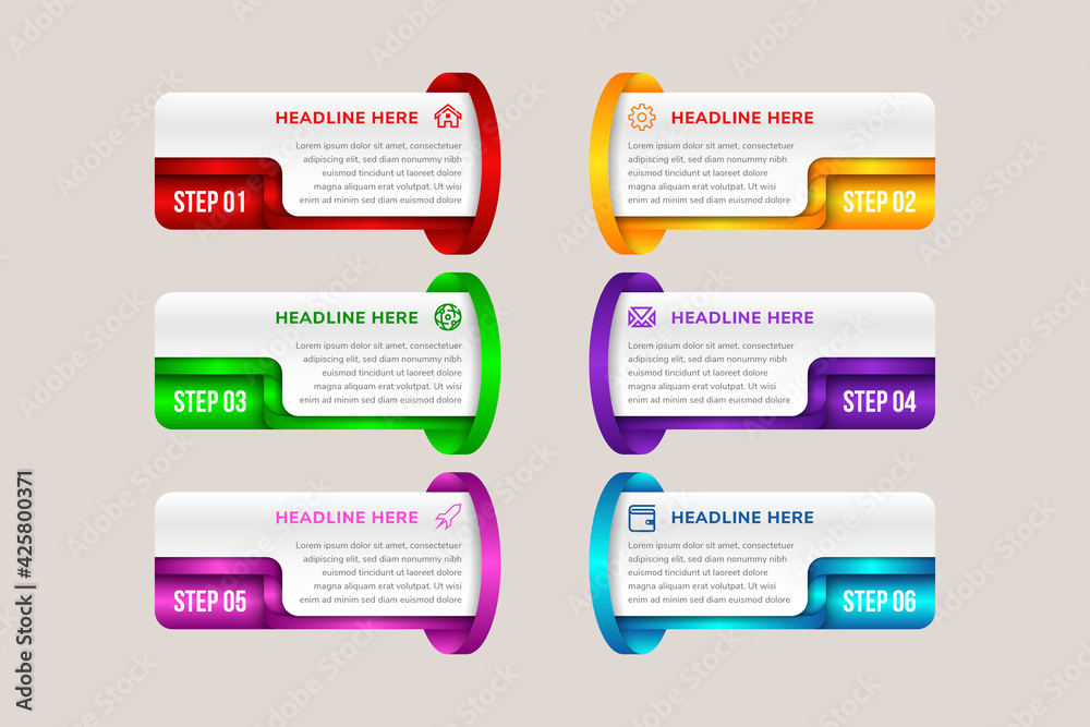 Poster six separate multicolored rectangular elements with numbers, thin line icons and place for text. con