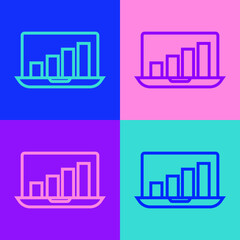 Pop art line Laptop with graph chart icon isolated on color background. Report text file icon. Accounting sign. Audit, analysis, planning. Vector