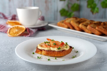 Bruschetta with shrimps, mayonnaise and micro greens. Healthy eating concept