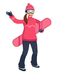 Female snowboarder waving hand. Sportswoman in cartoon style.