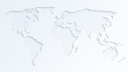 Light gray world map on almost white background. Paper cut out effect. 4k resolution.