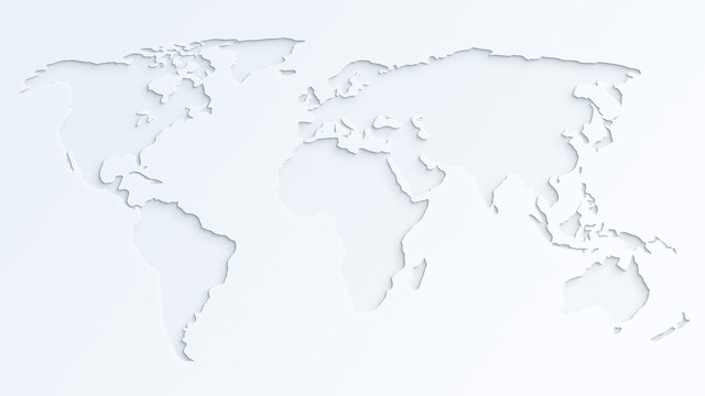 Fototapeta Light gray world map on almost white background. Paper cut out effect. 4k resolution.