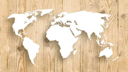 White world map on wooden and sandy textured boardwalk background. 4k resolution.
