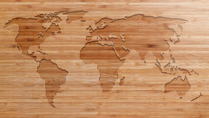 World map engraved into a wood board. Natural unpainted textured bamboo wood board background. 4k resolution.