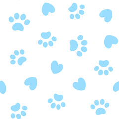 Seamless blue pattern background texture backdrop wallpaper with paw prints animals and hearts.