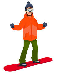 Snowboarder giving thumbs up. Male person in cartoon style.
