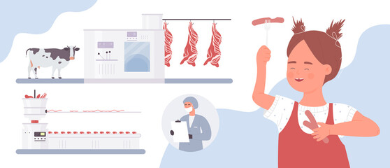 Meat sausages food industry, production process vector illustration. Cartoon girl character loves to eat delicious meat sausages, processing flowchart with industrial equipment and workers background