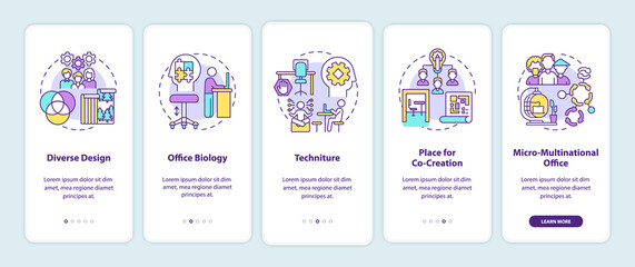 Workspace trends onboarding mobile app page screen with concepts. Diverse design, techniture walkthrough 5 steps graphic instructions. UI, UX, GUI vector template with linear color illustrations