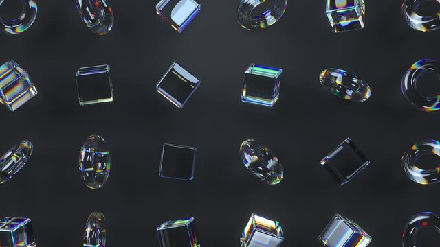 3d glass rotating cubes and toruses with dispersion effect. Dark background. Trendy iridescent colors. 4K seamless looped animation.