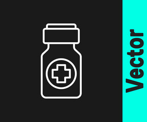 White line Medicine bottle and pills icon isolated on black background. Bottle pill sign. Pharmacy design. Vector