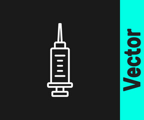 White line Syringe icon isolated on black background. Syringe for vaccine, vaccination, injection, flu shot. Medical equipment. Vector