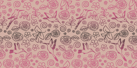 Seamles pattern digitalpaper textile packaging. Background hummingbird rose pink gradient. Doodle line art