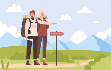 Summer tourist trip, hiking outdoor adventure vector illustration. Cartoon young man hiker character pointing way forward on road through natural landscape, travelers team hike together background