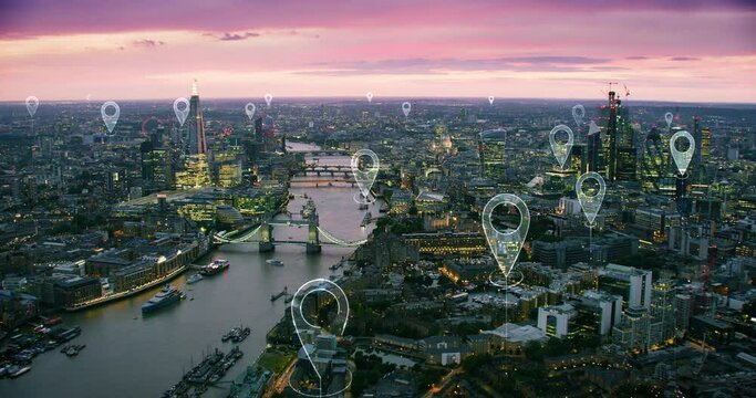 Localization icons over London. Aerial view of a smart and futuristic city. Famous bridges and buildings. Perfect to illustrate concepts as: GPS, data communication, artificial intelligence, IOT.