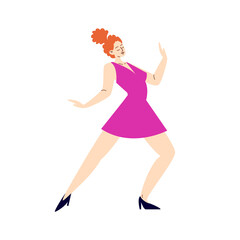 Cartoon redhead woman dancing in heels. White-skinned young pretty girl is dancing in a pink short dress. Vector stock illustration isolated on white background.