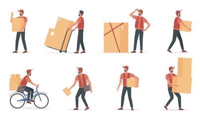Courier people work in delivery service vector illustration set. Cartoon young deliveryman character holding cardboard box, man working, postman shipping postal parcel package isolated on white