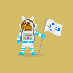 Illustration vector cartoon of cute hippopotamus astronaut holding a flag with spaceship logo. Childish cartoon design suitable for product design of children's books, t-shirt, greeting cards etc