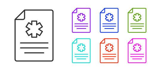 Black line Medical clipboard with clinical record icon isolated on white background. Health insurance form. Prescription, medical check marks report. Set icons colorful. Vector