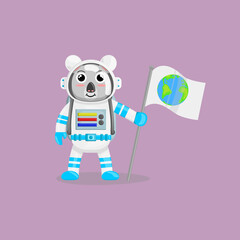 Illustration vector cartoon of cute koala astronaut holding a flag with earth logo. Childish cartoon design suitable for product design of children's books, t-shirt, greeting cards etc