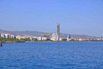 Limassol City view from the coast with architectural modern buildings