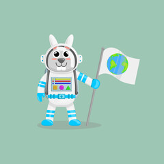 Illustration vector cartoon of cute rabbit astronaut holding a flag with earth logo. Childish cartoon design suitable for product design of children's books, t-shirt, greeting cards etc