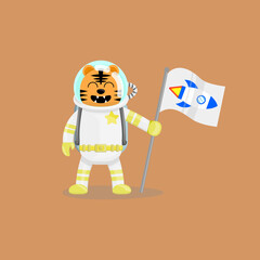 Illustration vector cartoon of cute tiger astronaut holding a flag with spaceship logo. Childish cartoon design suitable for product design of children's books, t-shirt, greeting cards etc