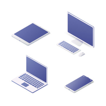 Computer, laptop, smartphone and tablet. Isometric vector illustration. Isolated on white background.