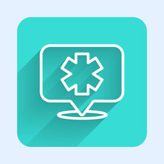 Obraz premium White line Medical symbol of the Emergency - Star of Life icon isolated with long shadow. Green square button. Vector