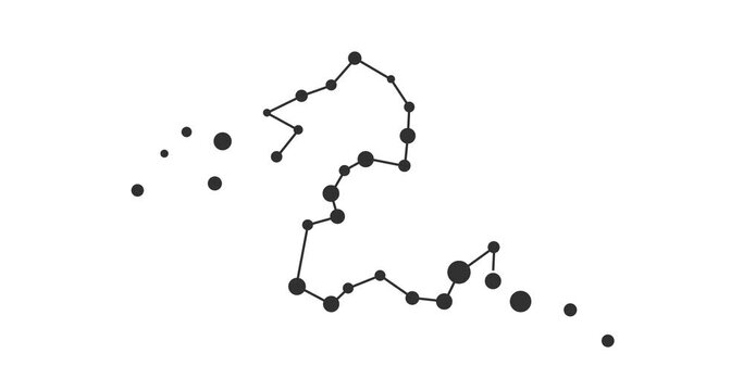 Eridanus constellation. Stars in the night sky. Constellation in line art style in black and white. Cluster of stars and galaxies. Horizontal composition, 4k video quality