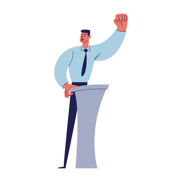 A Man In A Shirt And Tie With A Raised Hand Clenched His Fist. A Young Man Shows A Gesture Of Strength And Confidence Behind The Podium. Vector Illustration Of Cartoon Male Character Isolated On White